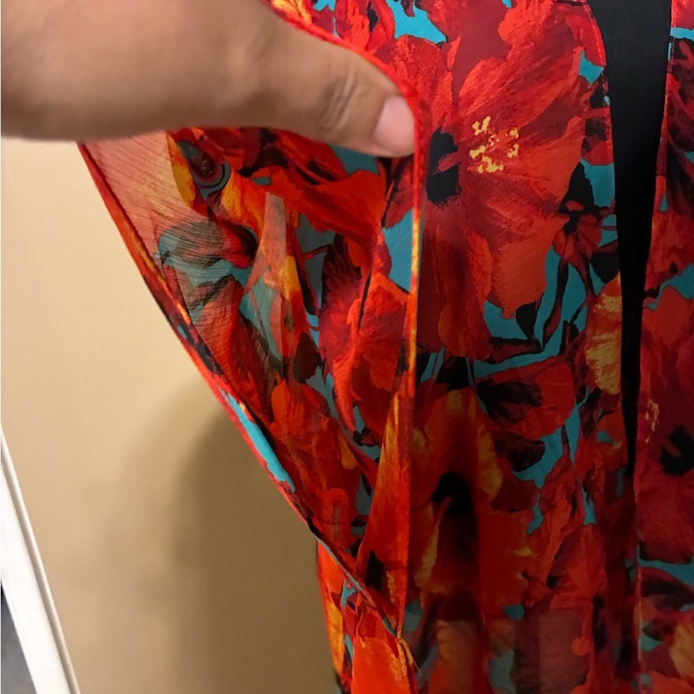 New York & Company Red Floral Top with Teal Accents - Picture 2 of 7